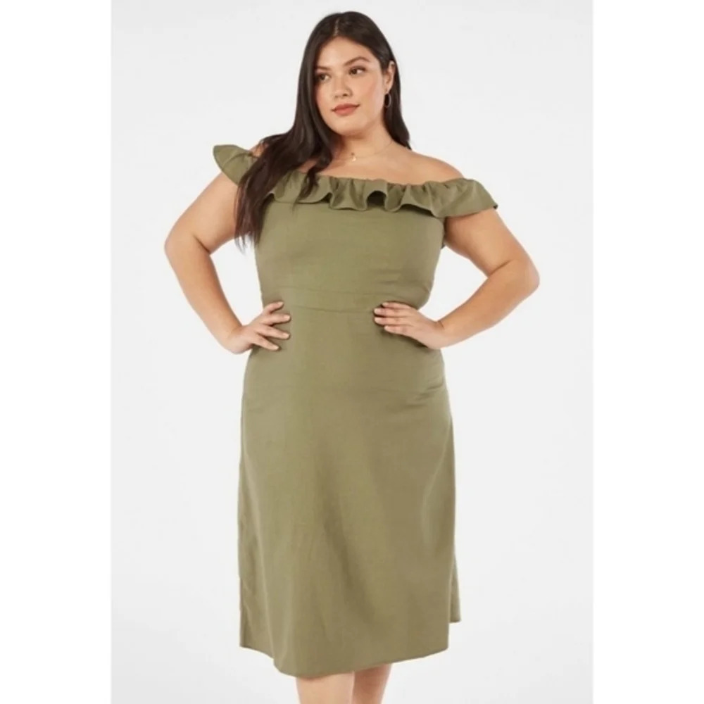 JUSTFAB Olive Green Off The Shoulder Linen Dress